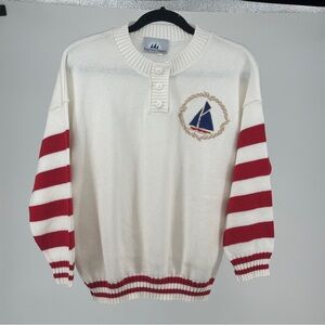 Women's Large Vintage Nautical White and‎ Red Striped Crewneck Sweater 80's